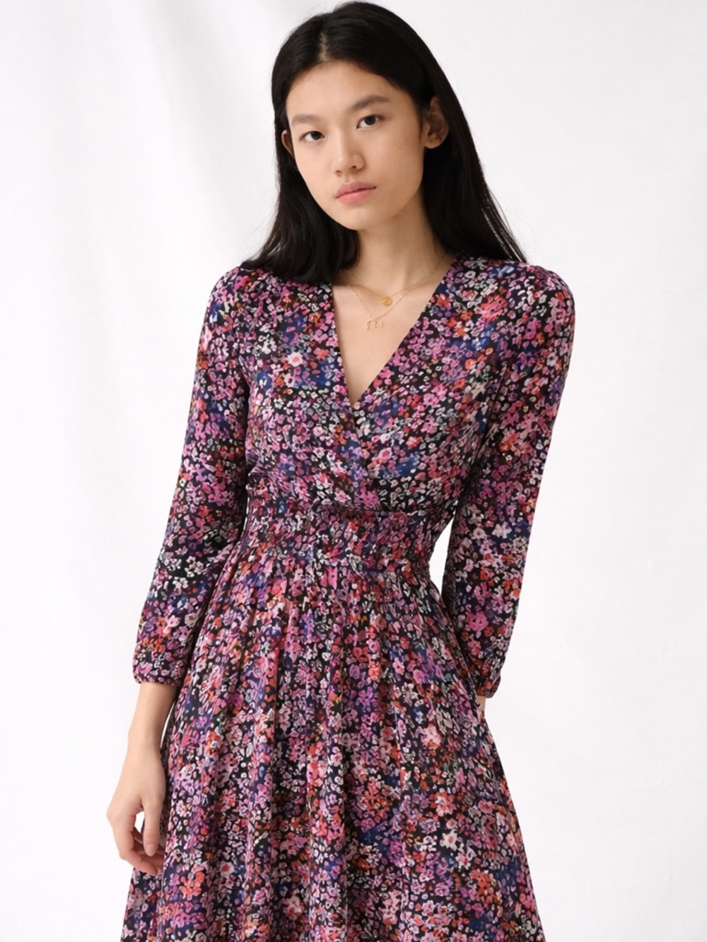 Maje Floral Print Dress Size 38 M Romantic Smocked Waist V Neck Feminine Ditsy